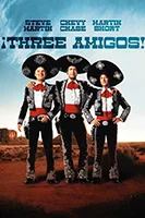 Comic adventure in 'Three Amigos.' Entertaining movie poster featuring Steve Martin, Chevy Chase, and Martin Short.