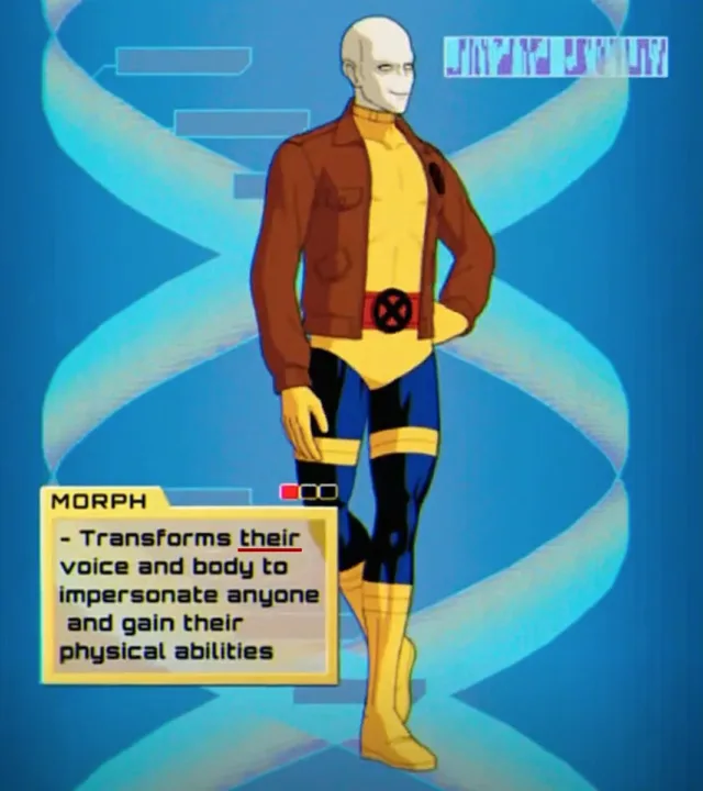 llustration of Morph from X-Men 97, a character with the ability to transform their voice and body, standing against a dynamic blue background.