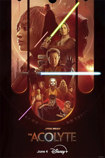 Promotional poster for ‘Star Wars: Acolyte’ on Disney Plus, showcasing a central figure with a red lightsaber, surrounded by other characters in dynamic poses against a backdrop of space and planets, indicating an action-packed series set in the Star Wars universe. Release date June 4