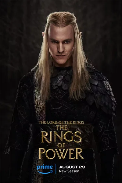 The Lord of the Rings: The Rings of Power Season 2” poster: “Promotional poster for ‘The Lord of the Rings: The Rings of Power Season 2’ showing Sauron in detailed medieval armor set against a dark backdrop, with series title and Amazon Prime release date ‘August 29 New Season’ at the bottom.”