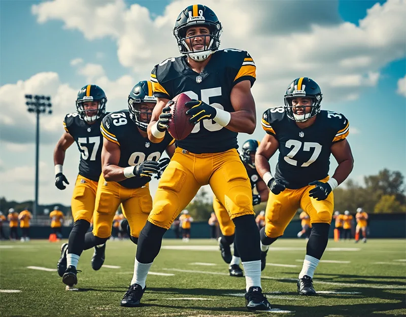 a group of football players in plack and yellow uniforms posing gor the camera