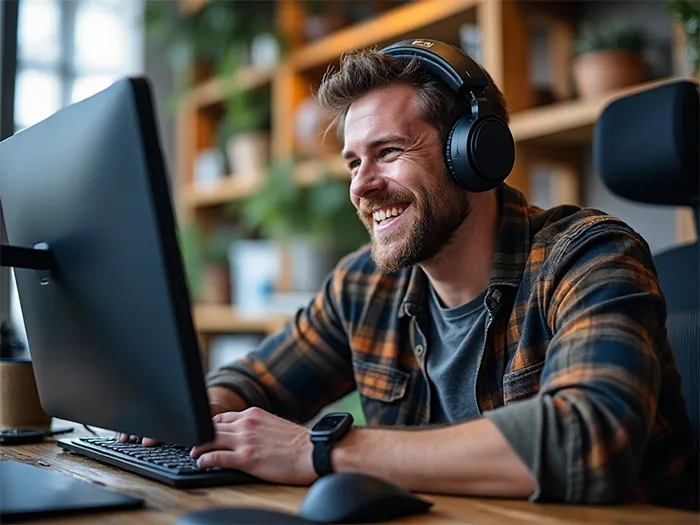 rugged man smiling while sitting at a computer