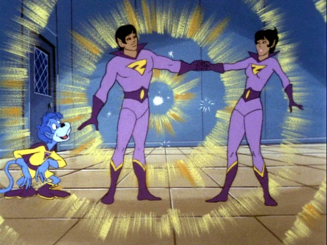 Zan and Jayna from The Super Friends cartoon combine their powers as the wonder twins