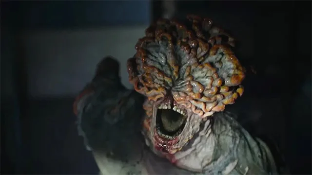 clicker from season one of the last of us. it's fungus head has an open mouth screaming at the camera