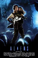 ripley holds newt in one arm and a gun in the other as they stand among face hugger eggs in this poster for aliens