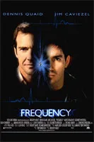 mostly black poster for the movie frequency with the partially shadowed faces of dennis quaid and jim caviziel