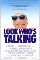 a baby with sunglasses propped up on his forehead is posing behind the purple lettered title look who's talking