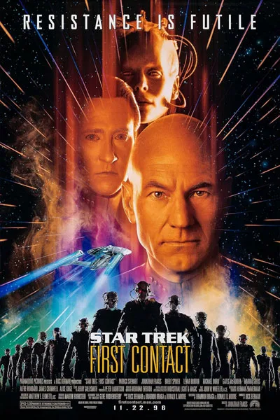 Star Trek First Contact poster: Patrick Stewart Captain Picard intense close-up with Borg Queen Data Enterprise ship silhouettes 'Resistance is Futile' dramatic classic 1996 sci-fi movie – conservative alternative to Rotten Tomatoes anti-woke WOKE-O-METER rating & Christian family-friendly verdict exposing woke Hollywood agenda on WorthItOrWoke.com