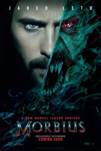 poster for morbius featuring a closeup of half of jared leto's face. the other half is morbius's vampire face