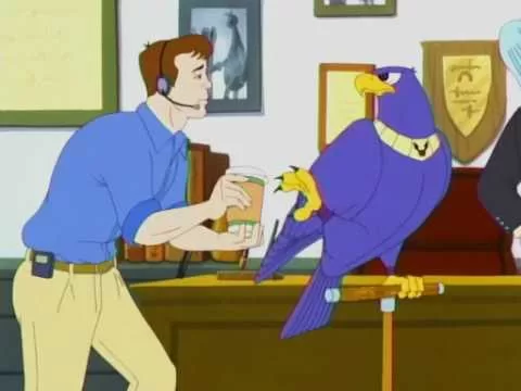 the purple eagle Avenger from the cartoon Harvey Birdman: Attorney at law is standing on a perch getting coffee handed to him by an aid