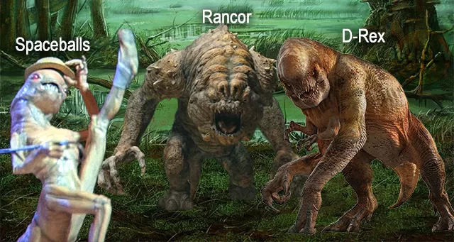 scene of spaceballs xenomorph, star wars rancor, and the d-rex from jurassic world rebirth standing in a swamp