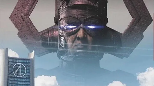 Galactus, the towering cosmic entity with glowing blue eyes, dominates the skyline in a dramatic scene from The Fantastic Four: First Steps, featuring the iconic Fantastic Four logo building, highlighting the Marvel film's epic villain confrontation