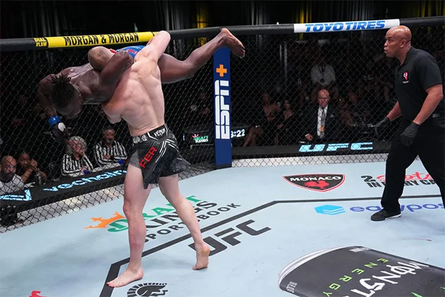 journey to the ufc joe pyfer picking up and slamming opponent to the ground in the ring