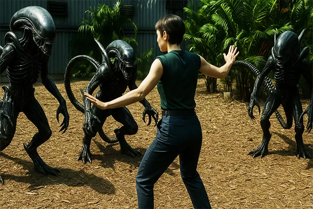 AI mockup of Wendy from Alien: Earth in the Chris Pratt role from Jurassic World but she's corralling three xenomorphs instead of raptors