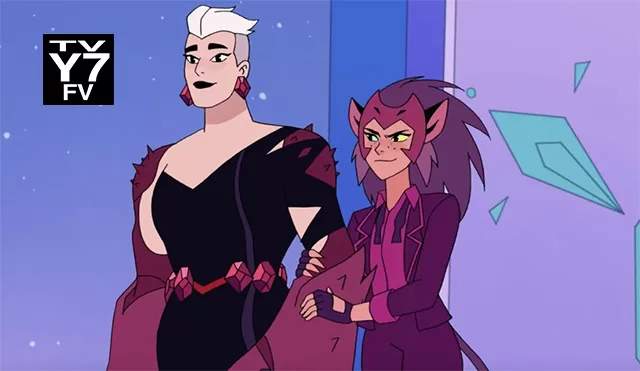 She-Ra and the Princesses of Power scene featuring radical progressive themes and liberal indoctrination: stylish character in black dress with red gems alongside pansexual Catra in purple suit, promoting LGBTQ+ representation and identity politics in TV-Y7 FV animated series for kids