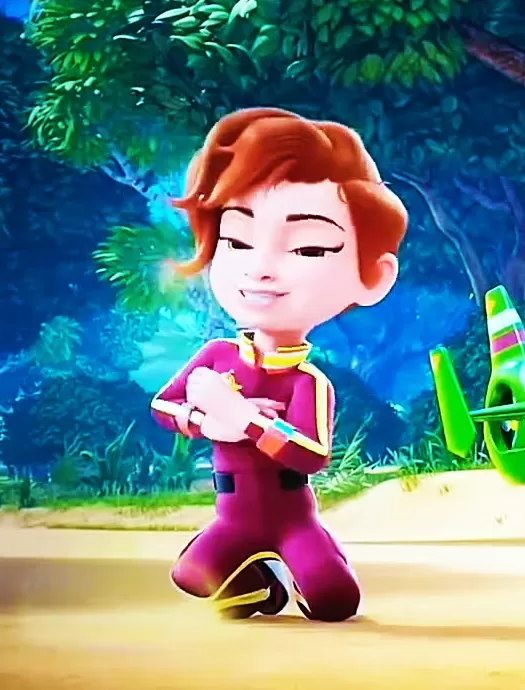 Cory, non-binary character from Disney's Firebuds, kneeling in purple uniform in forest, symbolizing radical progressivism and liberal indoctrination of gender ideology in kids' media.