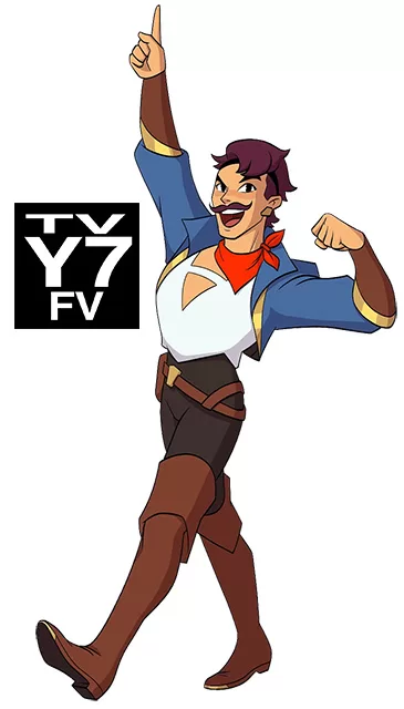 She-Ra and the Princesses of Power character Bow, non-binary hero in blue jacket and red bandana, striking a confident pose in TV-Y7 FV animated series, promoting radical progressive gender fluidity and liberal empowerment themes for kids