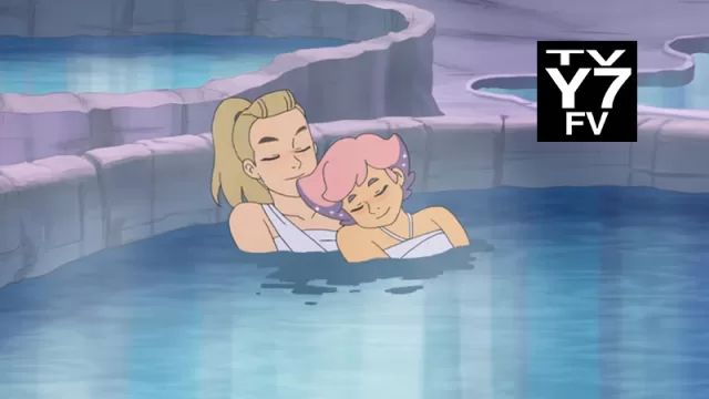 She-Ra and the Princesses of Power scene promoting radical progressive themes and liberal indoctrination: blonde Adora and queer Glimmer sharing an intimate moment in a hot spring, highlighting LGBTQ+ relationships and empowerment in TV-Y7 FV animated series for kids