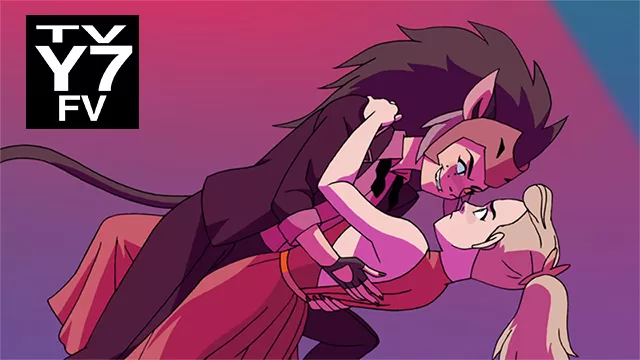 She-Ra and the Princesses of Power scene promoting radical progressive themes and liberal indoctrination: pansexual Catra in a suit dancing with trans heroine Adora in a red dress, showcasing LGBTQ+ romance and identity politics in TV-Y7 FV animated series for kids