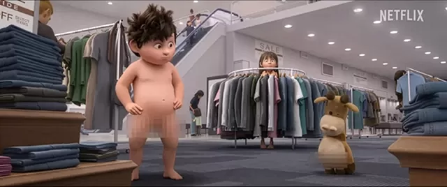 Shocking scene from Netflix's 'In Your Dreams' (2025) showing a fully nude toddler boy standing exposed in a public clothing store – disturbing inappropriate content for children that Worth It or Woke warns families to avoid. Anti-woke kids movie review image.