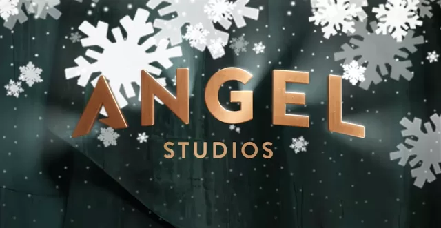 Angel Studios Christmas 2025 banner featuring elegant gold "ANGEL STUDIOS" lettering on a deep evergreen background with gently falling snowflakes and sparkling winter lights; official festive holiday season logo for upcoming December releases – explore the full worth it or woke lineup at worthitorwoke.com.
