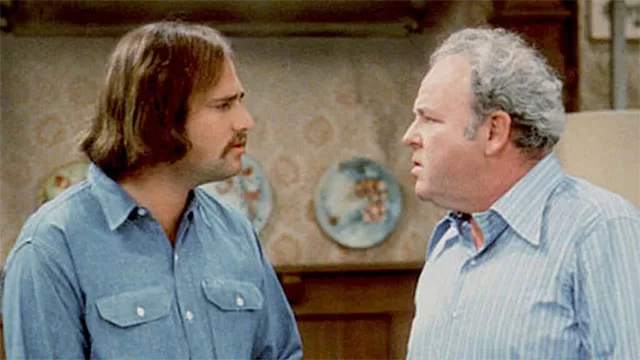Rob Reiner as Michael 'Meathead' Stivic facing off with Carroll O'Connor as Archie Bunker in a classic scene from the 1970s sitcom All in the Family