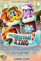 Heartwarming animated Christmas special poster for 'The Christmas King' coming soon on Angel Studios: Adorable lion and purple unicorn friends peeking from chimneys with gifts and snowflakes, featuring voices by Mary Kate Schellhardt and Travis Tritt; faith-based holiday tale—is it worth it or woke?—reviewed on worthitorwoke.com.