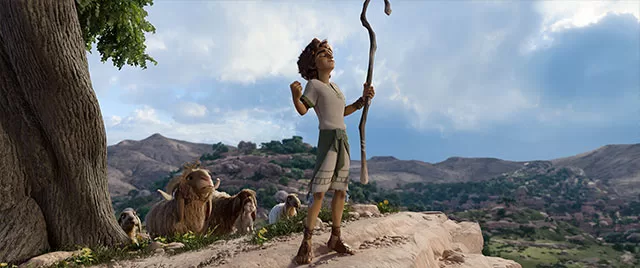 Young David shepherd with staff and sheep landscape scene from DAVID animated movie Angel Studios – stunning visuals in top faith-based animation 2025 with $22M opening. See critique at worthitorwoke.com