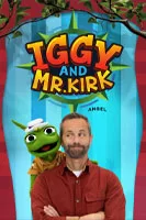 Fun puppet show poster for 'Iggy and Mr Kirk' on Angel Studios: Green frog puppet Iggy with sailor hat high-fives human host Kirk Cameron in red shirt against a colorful blue backdrop; wholesome kids' entertainment with biblical lessons—worth it or woke insights on worthitorwoke.com.