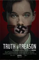 Dramatic historical thriller poster for 'Truth & Treason' on Angel Studios: Young man with green eyes gagged by a red armband bearing a swastika symbol, evoking WWII resistance and Dietrich Bonhoeffer's stand against tyranny; explore Bonhoeffer movie review—is it worth it or woke?—on worthitorwoke.com.