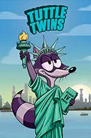 Educational animated kids' show poster for 'The Tuttle Twins' Season 4 on Angel Studios: Cartoon raccoon twin sisters dressed as the Statue of Liberty holding a liberty book, torch raised against a city skyline; libertarian values for children—check worth it or woke analysis for family viewing on worthitorwoke.com.