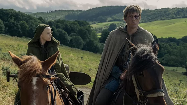 A Knight of the Seven Kingdoms (2026) banner – Peter Claffey as Ser Duncan the Tall and Dexter Sol Ansell as Egg riding horses through Westeros countryside | HBO Dunk and Egg prequel premiered January 18, 2026 | Worth It or Woke review at https://worthitorwoke.com/