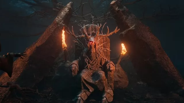 Rise of Merlin throne scene: ancient antler-crowned figure enthroned in twisted roots with flaming torches and dark forest – Daily Wire's The Pendragon Cycle fantasy epic – Christian values vs woke Hollywood magic? Full conservative review and parental guide at WorthItOrWoke.com"