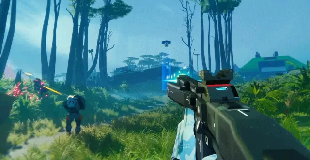Marathon (2026) gameplay banner – first-person view aiming rifle through alien jungle with enemy Runners in distance, blue mist and glowing structures | Bungie extraction shooter releasing March 5, 2026 on PS5, Xbox, PC | Worth It or Woke review at https://worthitorwoke.com/