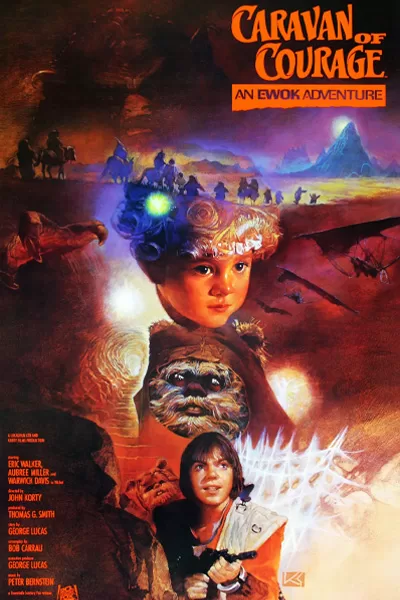 "Caravan of Courage An Ewok Adventure official poster: young girl glowing headpiece Ewok classic 1984 TV movie desert adventure Star Wars Vintage – wholesome family-friendly original trilogy era – anti-woke review WOKE-O-METER rating & conservative Christian family-friendly verdict exposing woke Hollywood agenda on WorthItOrWoke.com