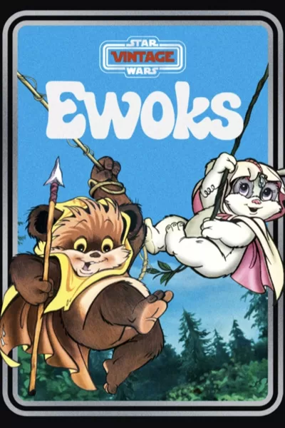 Star Wars Ewoks vintage poster: cute brown Ewok with spear and white Ewok swinging on vine forest background classic 1980s animated series Star Wars Vintage – wholesome family-friendly original trilogy era – anti-woke review WOKE-O-METER rating & conservative Christian family-friendly verdict exposing woke Hollywood agenda on WorthItOrWoke.com