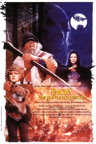 Ewoks The Battle for Endor official poster: Wilford Brimley Noa child Ewok forest moon castle battle classic 1985 TV movie Star Wars Vintage – wholesome family-friendly original trilogy era – anti-woke review WOKE-O-METER rating & conservative Christian family-friendly verdict exposing woke Hollywood agenda on WorthItOrWoke.com