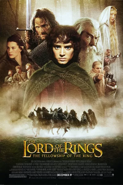 Lord of the Rings The Fellowship of the Ring official poster: Frodo Baggins Elijah Wood with Gandalf Aragorn Legolas Gimli Boromir Arwen and the Fellowship riding into battle – Peter Jackson epic fantasy masterpiece based on J.R.R. Tolkien classic December 2001 release – anti-woke review WOKE-O-METER rating & conservative Christian family-friendly verdict exposing woke Hollywood agenda on WorthItOrWoke.com
