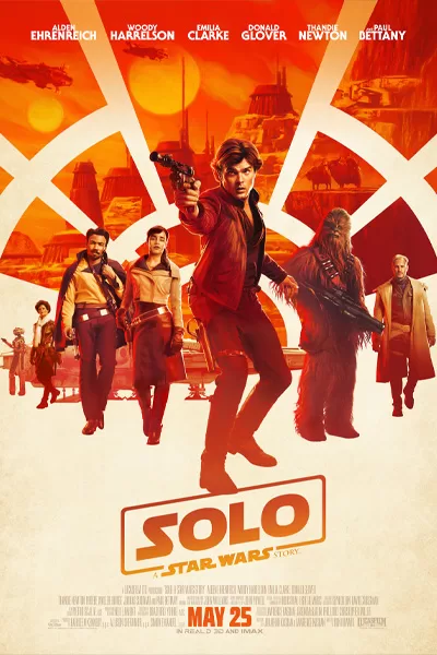 Movie poster for Solo: A Star Wars Story, showing Han Solo front and center with his crew against an orange desert backdrop.