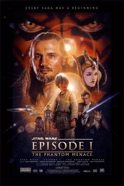 Star Wars Episode I The Phantom Menace official poster: Qui-Gon Jinn young Anakin Padmé Obi-Wan Kenobi with Darth Maul eyes background lightsaber droids – George Lucas classic prequel in theaters – anti-woke review WOKE-O-METER rating & conservative Christian family-friendly verdict exposing woke Hollywood agenda on WorthItOrWoke.com