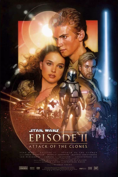 Star Wars Episode II Attack of the Clones official poster: Anakin Skywalker Hayden Christensen and Padmé Natalie Portman romantic embrace with Obi-Wan Kenobi Jango Fett armor lightsaber clone army – George Lucas classic prequel – anti-woke review WOKE-O-METER rating & conservative Christian family-friendly verdict exposing woke Hollywood agenda on WorthItOrWoke.com