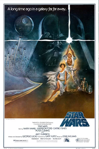 Star Wars Episode IV A New Hope original poster: Darth Vader helmet Death Star Luke Skywalker lightsaber Princess Leia C-3PO R2-D2 'A long time ago in a galaxy far far away' – George Lucas classic 1977 original trilogy – anti-woke review WOKE-O-METER rating & conservative Christian family-friendly verdict exposing woke Hollywood agenda on WorthItOrWoke.com