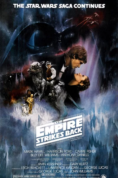 Star Wars Episode V The Empire Strikes Back official poster: massive Darth Vader helmet Luke Skywalker Princess Leia Han Solo Chewbacca dramatic space battle classic 1980 original trilogy – George Lucas saga continues – anti-woke review WOKE-O-METER rating & conservative Christian family-friendly verdict exposing woke Hollywood agenda on WorthItOrWoke.com