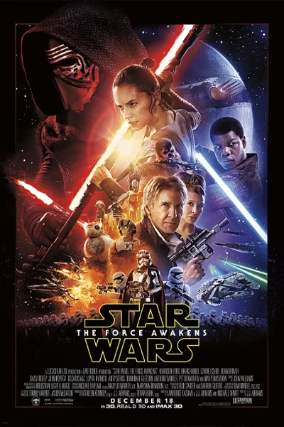 Star Wars Episode VII The Force Awakens official poster: Kylo Ren Rey Finn Han Solo Leia dramatic lightsabers space battle – Disney sequel trilogy 2015 – anti-woke review WOKE-O-METER rating & conservative Christian family-friendly verdict exposing woke Hollywood agenda on WorthItOrWoke.com