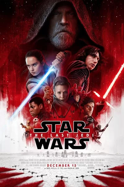Star Wars Episode VIII The Last Jedi official poster: Luke Skywalker Mark Hamill hooded Rey Daisy Ridley Kylo Ren Adam Driver lightsabers dramatic red background – Disney sequel trilogy 2017 – anti-woke review WOKE-O-METER rating & conservative Christian family-friendly verdict exposing woke Hollywood agenda on WorthItOrWoke.com