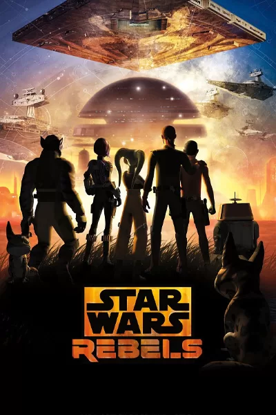 "Star Wars Rebels official poster: Ghost crew Ezra Sabine Hera Kanan Zeb Chopper silhouetted against dramatic sunset sky with Ghost ship – Disney animated series – anti-woke review WOKE-O-METER rating & conservative Christian family-friendly verdict exposing woke Hollywood agenda on WorthItOrWoke.com