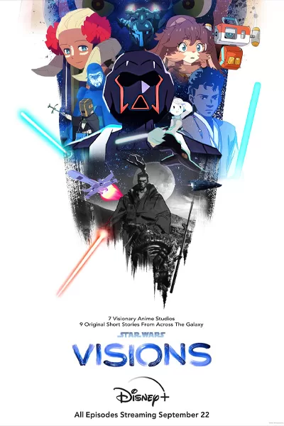 Star Wars Visions official poster: anime-style characters lightsabers Darth Vader helmet samurai warrior droids 7 visionary anime studios 9 original short stories Disney+ – anti-woke review WOKE-O-METER rating & conservative Christian family-friendly verdict exposing woke Hollywood agenda on WorthItOrWoke.com