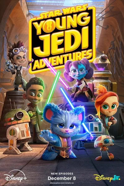 Star Wars Young Jedi Adventures official poster: young Jedi kids blue furry creature lightsabers training droids Disney Jr. colorful animated series new episodes December 8 – anti-woke review WOKE-O-METER rating & conservative Christian family-friendly verdict exposing woke Hollywood agenda on WorthItOrWoke.com
