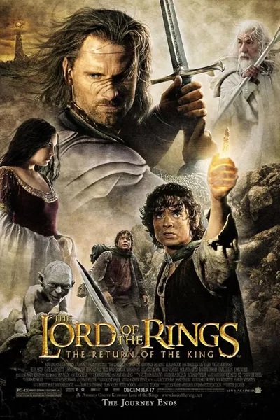 "Lord of the Rings The Return of the King official poster: Aragorn Viggo Mortensen raising sword with Gandalf Frodo Sam Gollum Arwen epic battle 'The Journey Ends' – Peter Jackson J.R.R. Tolkien fantasy masterpiece final chapter – anti-woke review WOKE-O-METER rating & conservative Christian family-friendly verdict exposing woke Hollywood agenda on WorthItOrWoke.com