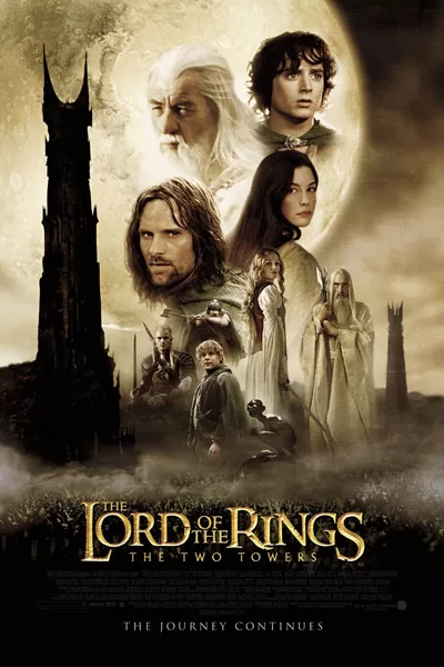 "Lord of the Rings The Two Towers official poster: Frodo Sam Aragorn Gandalf Legolas Gimli Eowyn Saruman Orthanc tower epic battle under full moon 'The Journey Continues' – Peter Jackson J.R.R. Tolkien fantasy masterpiece in theaters 2002 – anti-woke review WOKE-O-METER rating & conservative Christian family-friendly verdict exposing woke Hollywood agenda on WorthItOrWoke.com